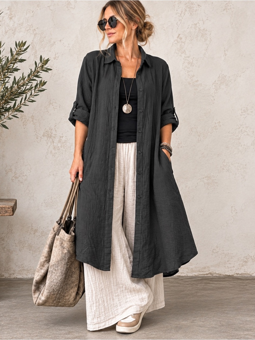 D & Co Beach Cotton Gauze Button Front Cover Up Shirt Dress Black L